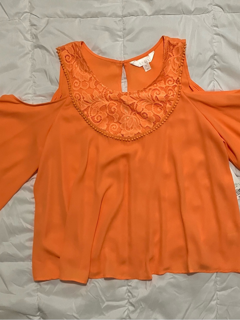 Decree Orange Cold-Shoulder Lace Yoke Blouse
